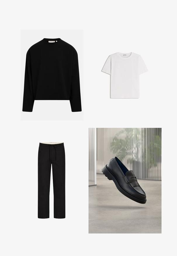 Sweat-shirt noir à manches longues avec col rond, ourlet droit et étiquette "Redefined Rebel" au niveau du col.; T-shirt en coton blanc avec un col rond et des manches courtes. Présente une coupe classique et carrée, sans motifs ni accents visibles.; Pantalons noirs à jambes droites avec une taille élastique, un cordon de serrage et un design discret. Texture de tissu douce. Pas de motifs ou d'accents visibles.; Mocassins noirs en cuir à finition lisse, avec une bride décorative et un panneau texturé à l'avant, ainsi qu'une semelle en caoutchouc texturée.