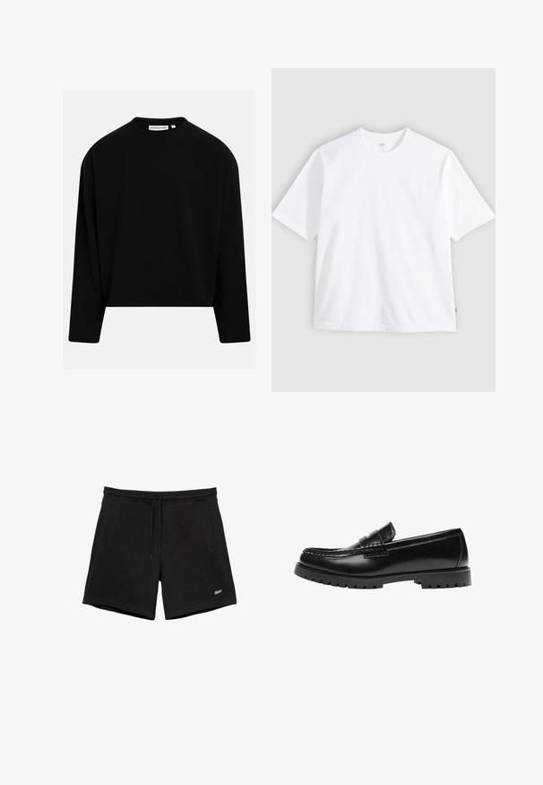 Sweat-shirt noir à manches longues avec col rond, ourlet droit et étiquette "Redefined Rebel" au niveau du col.; T-shirt blanc à manches courtes en coton, doté d'un col rond et d'une coupe droite. Étiquette visible sur l'ourlet latéral inférieur.; Shorts noirs décontractés avec une ceinture élastique, un cordon de serrage, deux poches latérales et un petit logo blanc brodé sur la jambe gauche.; Mocassin en cuir noir avec une semelle en caoutchouc épaisse et un détail classique de bride à monnaie, vu de côté extérieur.