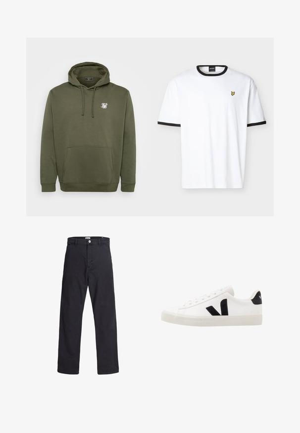 Ελιά πράσινη hoodie, κατασκευασμένη από μαλακό μείγμα βαμβακιού, διαθέτει μπροστινή τσέπη, κουκούλα με κορδόνια και λευκό λογότυπο στο στήθος.; Λευκό κοντομάνικο μπλουζάκι με μαύρο γιακά και μανσέτες στα μανίκια, με μικρό κίτρινο λογότυπο πουλιού στο αριστερό στήθος.; Ανδρικό μαύρο casual παντελόνι με ίσια γραμμή, μπροστινές τσέπες και κούμπωμα με κουμπί, παρουσιάζεται επίπεδο πάνω σε λευκό φόντο.; Λευκό δερμάτινο sneaker με μαύρες σουέτ λεπτομέρειες; διαθέτει καουτσούκ σόλο, στρογγυλή μύτη και κλασικό σχέδιο με κορδόνια. Λογότυπο στην πλευρά σε μαύρο χρώμα.