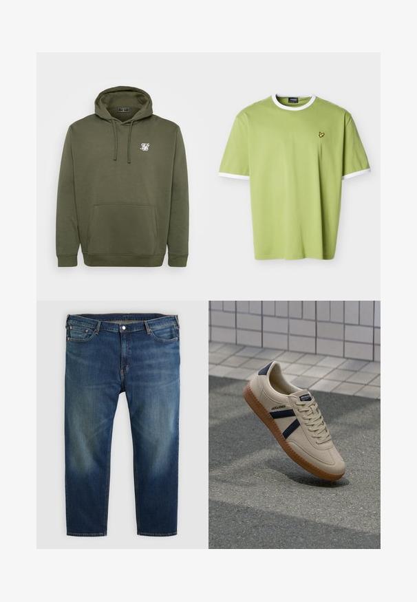 Ελιά πράσινη hoodie, κατασκευασμένη από μαλακό μείγμα βαμβακιού, διαθέτει μπροστινή τσέπη, κουκούλα με κορδόνια και λευκό λογότυπο στο στήθος.; Ανοιχτό πράσινο κοντομάνικο T-shirt με λευκό γιακά και άκρες μανικιών, με ένα μικρό κίτρινο λογότυπο πουλιού στο αριστερό στήθος.; Τζιν με ίσια γραμμή και μπλε χρώμα, με ξεθωριασμένες περιοχές στους μηρούς, μπροστινές τσέπες, θηλιές για ζώνη και κούμπωμα με κουμπί.; Μπεζ αθλητικά παπούτσια με υφή, ναυτικά ρίγες και καουτσούκ σόλα. Διαθέτουν επενδεδυμένη γλώσσα και παραδοσιακό σύστημα δεσίματος για σφιχτή εφαρμογή.