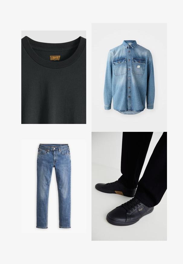 Schwarzes Levi's T-Shirt mit Rundhalsausschnitt, das einen gerippten Kragen und ein orangefarbenes Levi's Logo-Label an der inneren Halslinie zeigt.; Hellblaues Jeanshemd mit langen Ärmeln, zwei Brusttaschen, durchgehender Knopfleiste und kontrastierenden, dunkleren Taschenoberteilen. verfügt über einen abgerundeten Saum.; Blaue Slim-Fit-Denimjeans mit fünf Taschen und Knopfschluss, mit leichter Ausbleichung an Oberschenkeln und Knien, auf weißem Hintergrund präsentiert.; Schwarze Sneakers aus Leder mit schlankem Design, ausgestattet mit einer strukturierten Oberfläche, runder Schuhspitze und schwarzen Schnürsenkeln. Goldenes Logo-Detail an der Seite.
