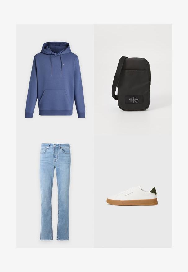 Blauer Kapuzenpullover mit langen Ärmeln, Fronttasche und Kordelzug an der Kapuze, mit kleinem Logo auf der linken Brust.; Helle blaue, gerade geschnittene Jeans aus Baumwoll-Denim. Verfügt über fünf Taschen, einen frontalen Knopfverschluss und dezente Steppdetails.; Weiße Low-Top-Sneaker mit braunem Gummisohle, grünem Fersenlasche und "Tommy Hilfiger"-Logo an der Seite.; Schwarze Nylon-Crossbody-Tasche mit rechteckiger Form, Tragegurt und einem Logo-Patch auf der Vorderseite. Glatte Textur, minimales Design und mit Reißverschluss verschlossen.