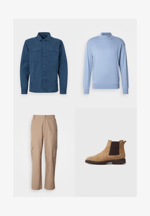 Scotch & Soda SEASONAL CORE DROPPED SHOULDER MOCK NECK - Trui - faded denim; Marineblauwe overhemd met knopen, gemaakt van katoen, met lange mouwen, twee borstzakken en een standaard kraag. Gladde textuur met een casual ontwerp.; Khaki cargobroek gemaakt van lichtgewicht stof, met twee zijzakken, een knoopsluiting en een recht toe recht aan ontwerp.; Bruine suède Chelsea boot met elastische zijpanelen, rubberen zool en een treklip. Beschikt over een gestructureerde afwerking en gestikte details.