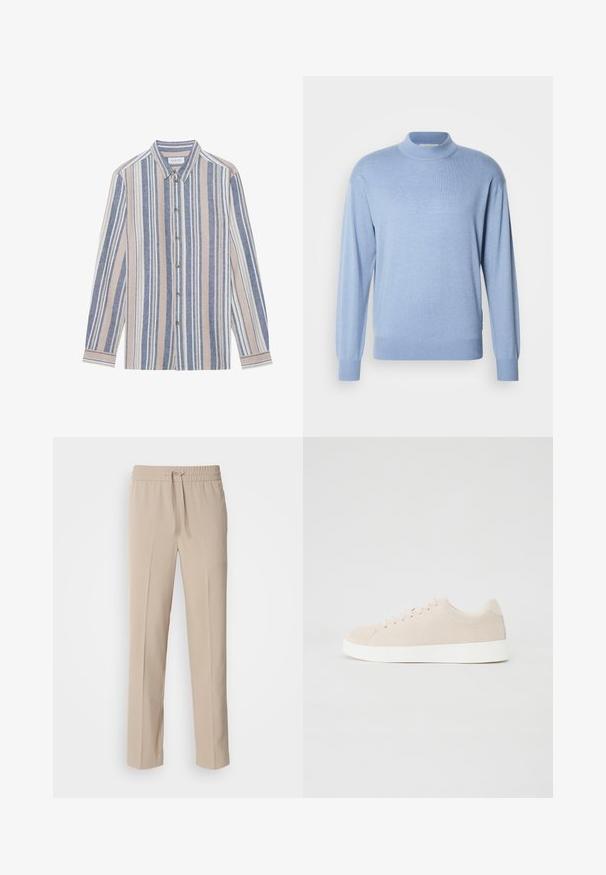 Scotch & Soda SEASONAL CORE DROPPED SHOULDER MOCK NECK - Pullover - faded denim; Chemise à manches longues avec un col, ornée de rayures verticales bleues, beiges et blanches. Fabriquée dans un tissu texturé, avec un col et des boutons en métal.; Pantalons beiges, coupe décontractée, fabriqués en tissu doux, dotés d'une taille élastique avec cordon de serrage et de jambes droites avec des accents minimalistes.; Baskets en daim beige avec semelles en caoutchouc blanc, bout rond et six œillets pour les lacets. Texture lisse avec un design minimaliste.