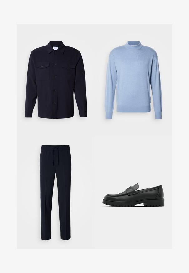 Scotch & Soda SEASONAL CORE DROPPED SHOULDER MOCK NECK - Pullover - faded denim; Veste en jean bleu marine faite d'un tissu doux, avec deux poches poitrine, une fermeture à boutons à l'avant et des manches longues avec des poignets à boutons.; Pantalons légers bleu marine avec une taille élastique et un cordon de serrage réglable, présentant un design coupe droite et une texture lisse.; Mocassins en cuir noir à bout arrondi, avec un design cousu, une semelle plateforme basse et une semelle en caoutchouc texturée et crantée.