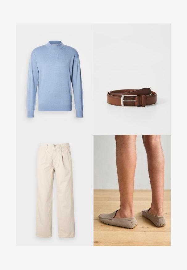 Scotch & Soda SEASONAL CORE DROPPED SHOULDER MOCK NECK - Pullover - faded denim; Pantalons larges beiges à taille haute, avec des plis avant, une fermeture à bouton sur le devant et un tissu en coton lisse.; Chaussures confortables en daim beige, à enfiler, avec un bout arrondi et des coutures décoratives, dotées de semelles en caoutchouc texturé avec de petits accents dorés.; Ceinture en cuir brun au fini lisse, avec une boucle en métal argenté et une couture subtile le long des bords. Design classique et durable.