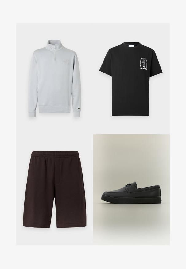 Sweatshirt gris clair à col demi-zippé, poignets côtelés et logo Lacoste texturé sur la poitrine, fabriqué en tissu doux.; T-shirt Lacoste noir à manches courtes avec un motif blanc et le texte « La légende de l'élégance française continue » sur le côté gauche de la poitrine.; Shorts en coton brun foncé avec une ceinture élastique et des poches latérales. Le design présente une texture simple et lisse, sans motifs.; Mocassin décontracté en cuir noir avec des détails de laçage et une semelle en caoutchouc épaisse, présenté de profil sur un fond neutre.