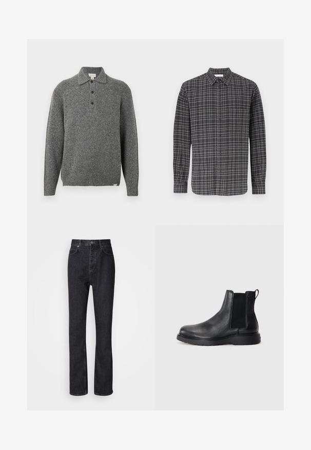 Grå strikket pullover med polokrave, fem-knaps lukning, lange ærmer og ribbede manchetter; har et tekstureret stof med subtile prikker.; Sort og grå ternet skjorte med knapper, lange ærmer, brystlomme, klassisk krave og let stofstruktur.; Høj talje sorte denim jeans med knap- og lynlåsåbning, for- og baglommer samt lige ben.; Sorte læder chelsea støvler med tekstureret finish, elastiske sidepaneler og en robust gummisål. Subtil branding på hælen.