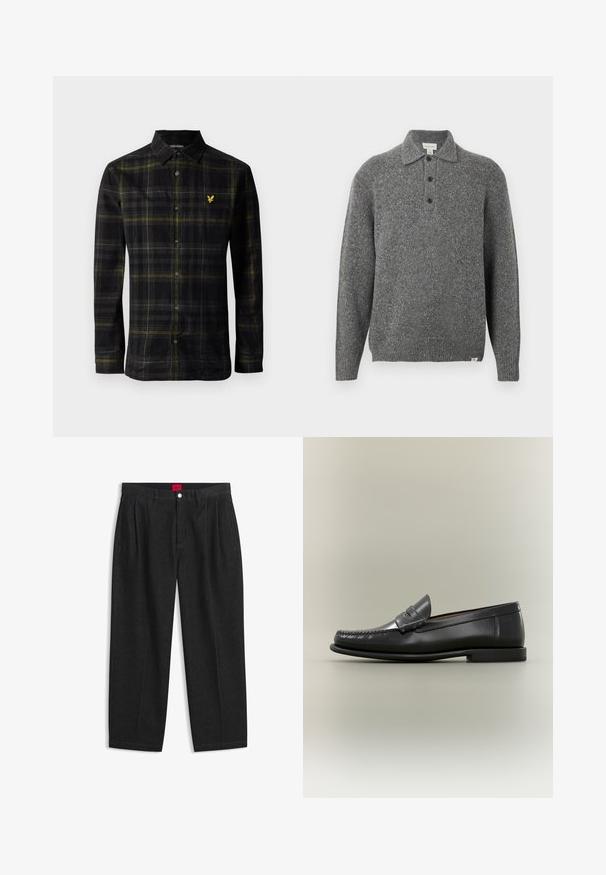 Grå strikket pullover med polokrave, fem-knaps lukning, lange ærmer og ribbede manchetter; har et tekstureret stof med subtile prikker.; Sort langærmet skjorte med knapper og mønster i gul og grå tern, krave, og lille gul broderet fuglelogo på brystet.; Sorte bukser med høj talje med forreste læg, bæltestropper, knap og lynlås lukning samt en rød label indeni linningen.; Sort læder herresko med moc-toe-design, penny-rem og lav hæl på en neutral baggrund.