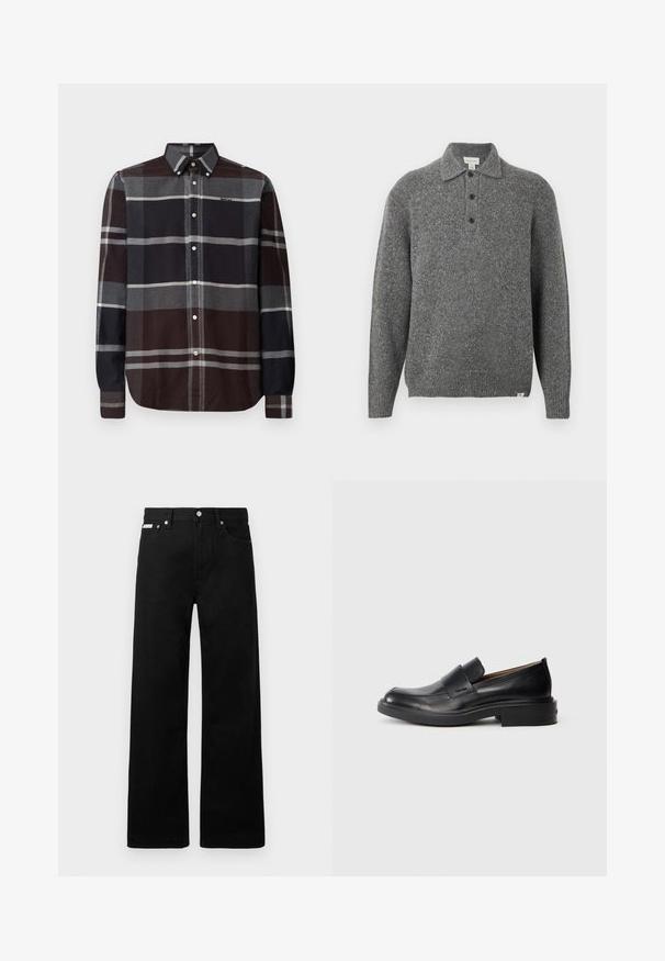 Grijze gebreide trui met een polokraag, knoopsluiting met vijf knopen, lange mouwen en geribbelde boorden; heeft een gestructureerde stof met subtiele kleurrijke vlekjes.; Barbour ICELOCH TAILORED TARTAN - Overhemd - midnight oak; Zwarte spijkerbroek met een wijd uitlopende pasvorm, voorzien van vijf zakken en metallic knopen. Gladde textuur, geen zichtbare patronen.; Zwarte leren instap schoenen met een lage hak en subtiel Calvin Klein-logo aan de zijkant, weergegeven in profiel op een witte achtergrond.