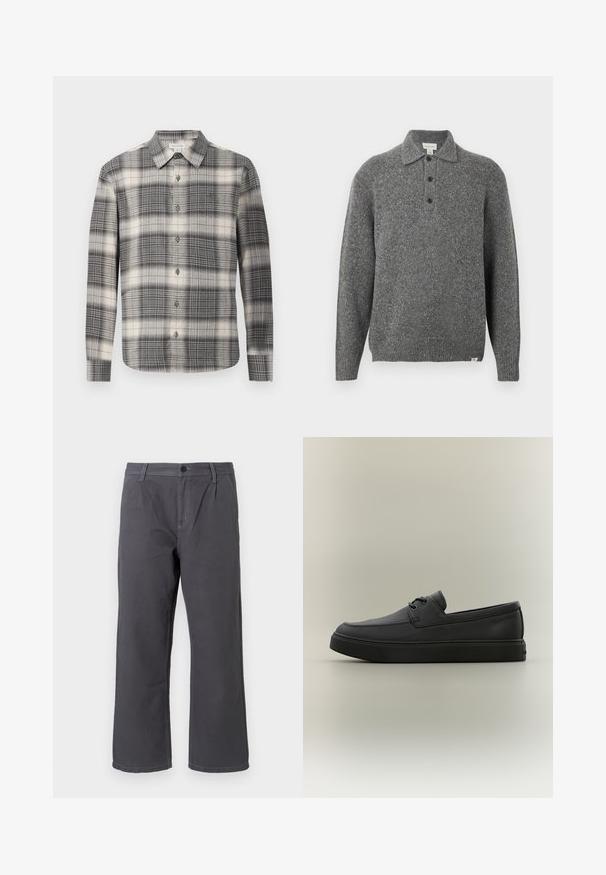 Pull-over gris en maille avec col polo, patte de boutonnage à cinq boutons, manches longues et poignets côtelés ; présente un tissu texturé avec de subtils flocons.; Chemise à manches longues à carreaux noir et crème. Dotée d'un devant à boutons, d'un col classique et d'un motif à carreaux varié. Texture de tissu douce.; Pantalon en coton gris foncé avec une coupe droite, fermeture à bouton sur le devant et couture d'accent. Dispose de poches latérales et d'un fit décontracté.; Mocassin décontracté en cuir noir avec des détails de laçage et une semelle en caoutchouc épaisse, présenté de profil sur un fond neutre.