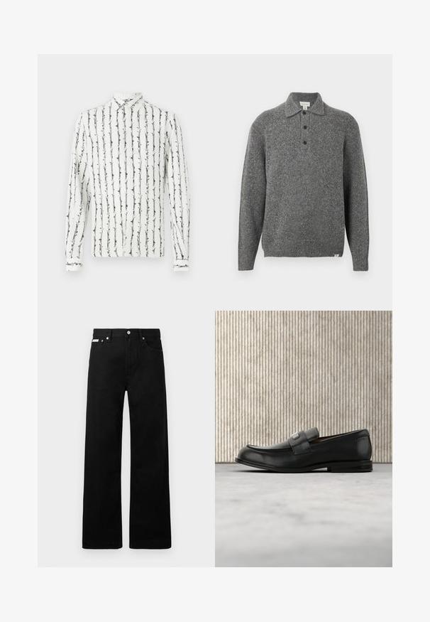 Grå strikket pullover med polokrave, fem-knaps lukning, lange ærmer og ribbede manchetter; har et tekstureret stof med subtile prikker.; Hvid skjorte med knapper, prydet med sorte lodrette striber og et blomstermønster. Lange ærmer med knapmanschetter. Fremstillet af et let materiale.; Sorte denimbukser med bred ben-design, der har fem lommer og metallisk knapdetalje. Glat tekstur, uden synlige mønstre.; Sort læderloafer med metalbrandskilt hvilende nær et brunt rundt bord på beige tæppe.