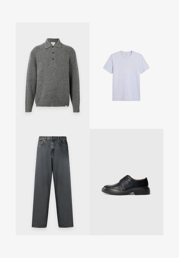 Grå strikket pullover med polokrave, fem-knaps lukning, lange ærmer og ribbede manchetter; har et tekstureret stof med subtile prikker.; Enkel lysegrå T-shirt med korte ærmer og rund hals, med lille hvid Calvin Klein-logo på venstre bryst.; Mørkegrå denimjeans med lige ben, fem lommer og en knap- og lynlås-lukning. Stofmet har diskret falming og syninger.; Sorte læder oxford sko med rund tå, snørebånd foran og lav, stablet hæl på lys baggrund.