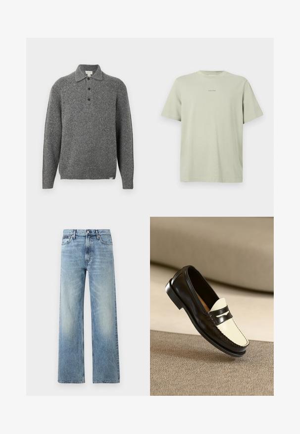 Jersey gris de punto con cuello tipo polo, tapeta con cinco botones, mangas largas y puños de canalé; presenta una tela texturizada con sutiles motas.; Camiseta de algodón verde clara con cuello redondo, mangas cortas y un pequeño logo de Calvin Klein en una tonalidad más oscura impreso en el pecho.; Vaqueros de mezclilla azul claro de corte recto con cintura alta, cinco bolsillos, cierre de botón y sutil desgaste en los muslos y las rodillas.; Mocasines de cuero negro con un vampiro color crema y rayas de acento negras, presentando un tacón bajo y costuras detalladas a lo largo de los bordes.