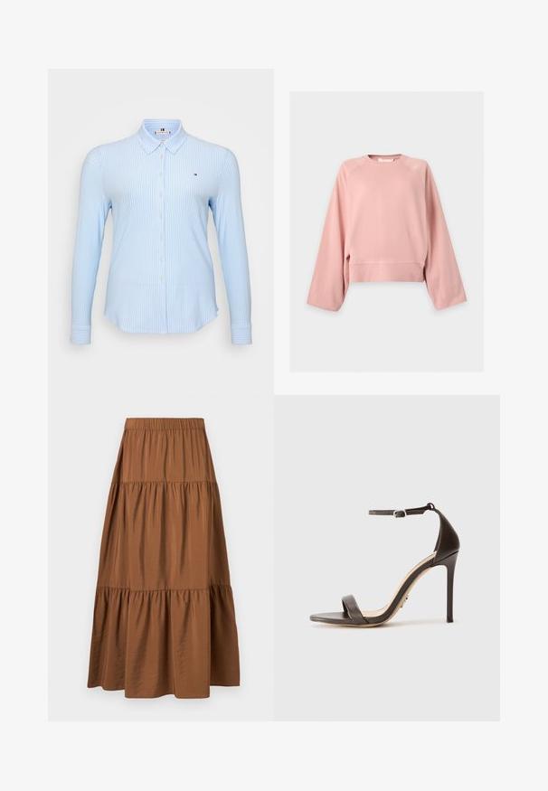 Lys pink langærmet sweatshirt med rund halsudskæring og afslappet pasform, med ribkanter ved ærmer og bund, vist på en ensfarvet baggrund.; Lyseblå langærmet skjorte med lodrette hvide striber, knaplukning, klassisk krave og et lille logo på brystet.; Brun lagdelt midi nederdel med elastisk talje og et let skinnende, tekstureret stof på en hvid baggrund.; Brune højhælede sandaler med en slank ankelrem og en flad tårem. Glat lædertekstur med spids tå og stiletto hældesign.