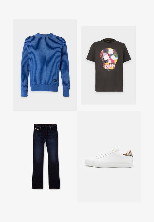 Suéter azul de punto acanalado de manga larga con franjas verticales negras y un pequeño parche negro en el dobladillo frontal inferior.; Camiseta negra de manga corta con un gráfico colorido de una calavera en patchwork centrado en el frente y un pequeño texto blanco debajo de la calavera.; Jeans de mezclilla de color azul oscuro con corte recto, con costuras naranjas, cremallera en la bragueta y bolsillos delanteros. Textura suave y cinturilla estándar.; Zapatilla de cuero blanca con un acabado suave, que presenta un acento de rayas coloridas en el talón, ojal dorado y suela plana blanca.