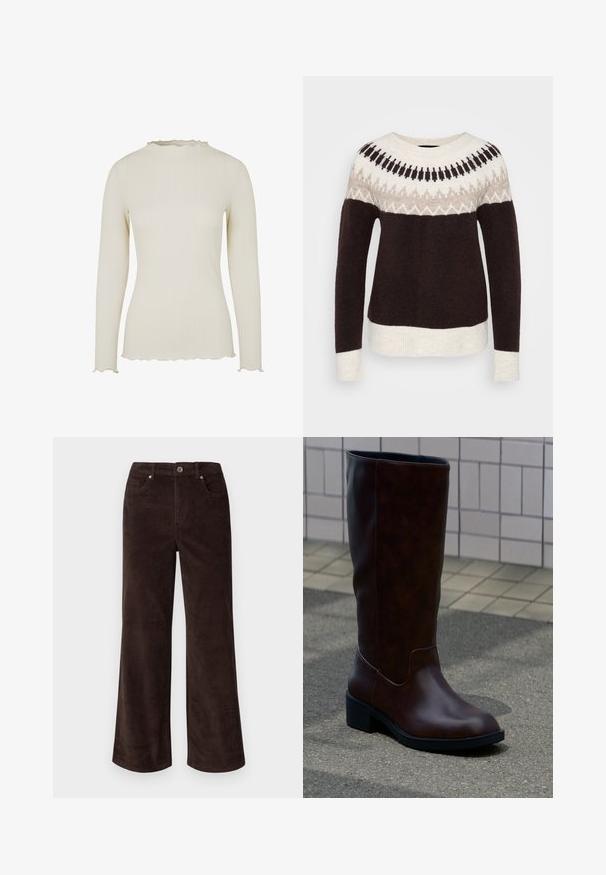 Langærmet crewneck sweater med mørkebrunt krop, cremefarvede manchetter og kant, samt en mønstret bærestykke i creme, beige og sorte nuancer.; Langærmet top i lysecrème ribbet stof med en tekstureret finish. Har en bølget udskæring og kant for ekstra detaljer.; Vero Moda Petite VMTESSA PANTS - Bukser - chocolate torte; Mørkebrun læderstøvle til midt på læggen med rund tå og lav blokhæl, der står på fortov nær flisebelagt væg.