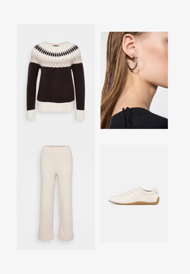 Langærmet crewneck sweater med mørkebrunt krop, cremefarvede manchetter og kant, samt en mønstret bærestykke i creme, beige og sorte nuancer.; Beige sweatpants med et bredt ben-design, lavet af blødt materiale. Har en elastisk talje og detaljer ved sidesømmene. Glat tekstur.; Hvid lædersneaker med en glat tekstur, rund tå og tonale syninger. Har en tanfarvet gummisål og snørebånds-lukning.; Sølv hoop ørestik med en poleret overflade, prydet med små guld accenter og en rund form, båret på øreflippen.