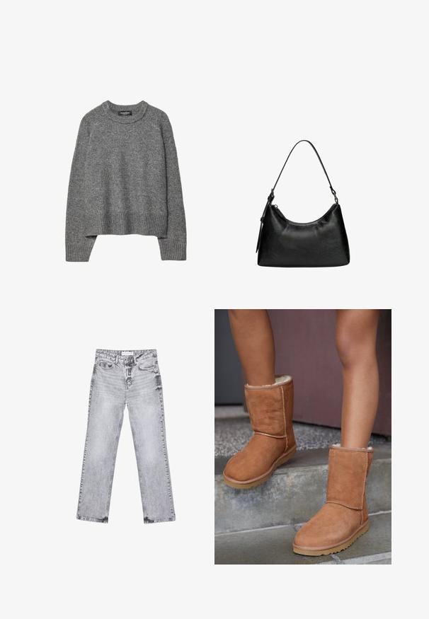 Pull en tricot gris avec un col rond, des poignets et un ourlet côtelés, présentant une coupe décontractée et une texture douce.; Jean en denim gris avec une coupe droite, des détails déchirés, cinq poches et des rivets en cuivre. La ceinture présente une étiquette de logo.; Bottines en suede marron, à bout rond, avec une doublure douce et une semelle en caoutchouc, présentant des détails de couture visibles le long des coutures.; Sac à épaule en cuir noir avec fermeture éclair et une fine bandoulière simple suspendue vers le haut sur un fond blanc.