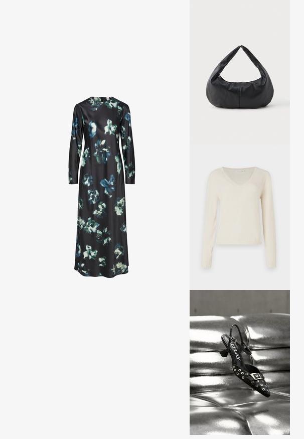Cremefarvet V-hals langærmet sweater med ribbede manchetter og kant, præsenteret mod en ensfarvet hvid baggrund.; Langærmet kjole i sort stof med et blomster mønster i blå og grønne nuancer. Rund halsudskæring med en enkel, strømlinet silhuet.; Sort slingback-sko med spids tå, forsynet med sølvøjer og en spænde-detalje. Fremstillet af tekstureret materiale med en lille blokhæl.; Sorte bløde læder halvmåneformet håndtaske med et tykt, polstret håndtag og lynlås lukning i toppen.