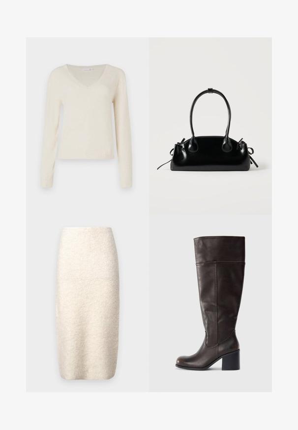 Cremefarvet V-hals langærmet sweater med ribbede manchetter og kant, præsenteret mod en ensfarvet hvid baggrund.; Knalang creme nederdel lavet af et tekstureret stof, der har en tætsiddende form med en glat talje og ingen synlige lukninger.; Brun læder knæhøj støvle med rund tå og stablet hæl. Har en glat tekstur og sidelægning som detalje.; Lille sort blank håndtaske med to lange håndtag og snøre-detaljer i siden på en ensfarvet lys baggrund.