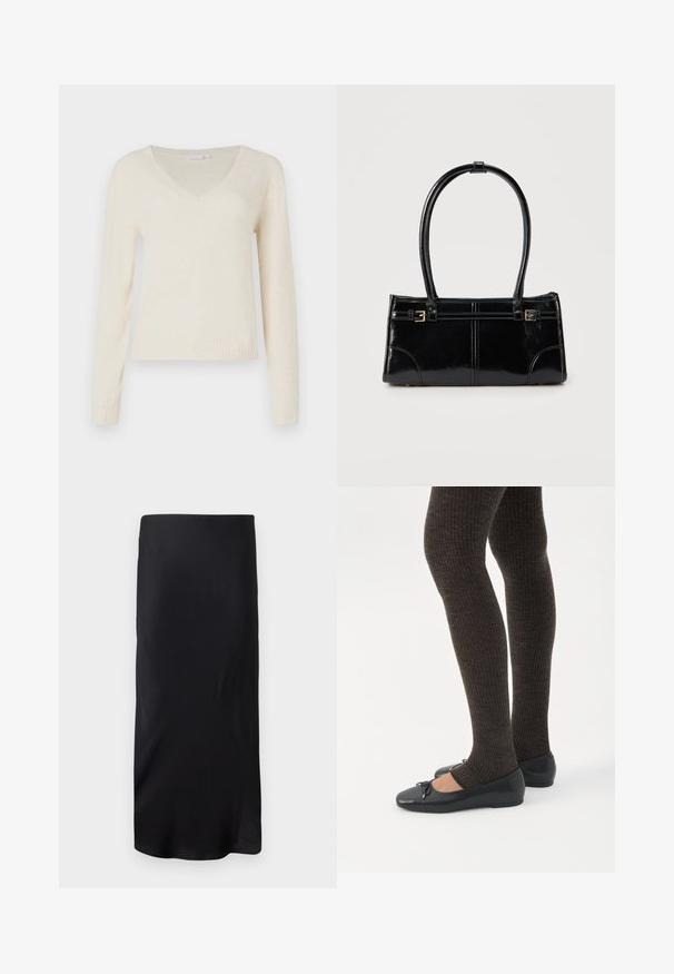 Pull en V crema à manches longues avec des poignets et un ourlet côtelés, présenté sur fond blanc uni.; Jupe midi noire sans manches en tissu lisse. Présente une forme droite et allongée sans motifs ni accents. Design simple et minimaliste.; Jambes portant des leggings côtelés foncés associés à des ballerines noires avec de petits détails en nœud sur fond blanc.; Sac à main rectangulaire noir brillant avec deux fines bretelles et petits détails de boucles dorées à l'avant.