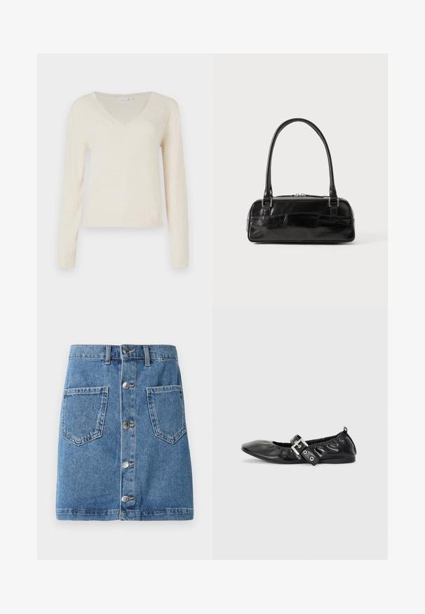 Crème-kleurige V-hals lange mouwen sweater met geribbelde manchetten en zoom, weergegeven tegen een effen witte achtergrond.; Jeansrok in een lichtblauwe tint, met een sluiting met knopen aan de voorkant, twee opgestikte zakken en een rechte snit. De stof heeft een klassieke textuur.; Zwarte leren platte schoen met een spitse neus, geplooide details rond de opening en een zilveren gespaccentueerde verstelbare band.; Zwarte leren handtas met een rechthoekige vorm, voorzien van een enkele gestructureerde handgreep, zilveren hardware en ritsluiting. Gladde textuur.