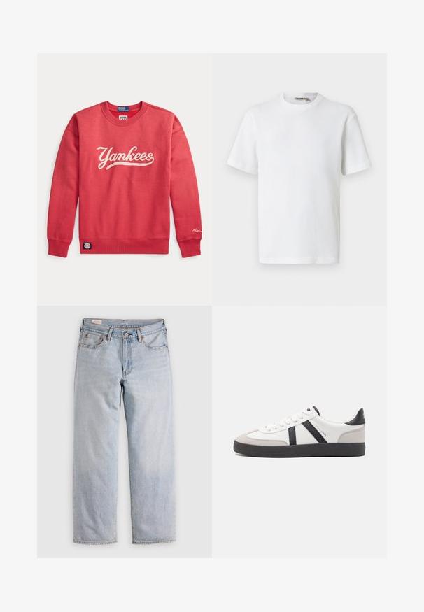 Punane ümmarguse kaelusega dressipluus valge "Yankees" kirjaga esiküljel, soonikkoes mansettide ja alumise äärega ning väikeste Polo Ralph Laureni logomärgistega.; Valge lühikeste varrukatega vahvlilõngast ümarakaelusega t-särk, mille krae siseküljel on väike brändi sildike, esitatud ühevärvsel taustal.; Heledad sinise värvi sirged teksapüksid kõrge taljega, nööbiga kinnitamine ning ees ja taga taskud, asetatud tasasele pinnale.; Valged tossud mustade ja hallide aktsentidega, tekstureeritud halli varbakattega, musta kummitald ja lamedad valged paelad. Puhtad jooned, minimalistlik stiil.