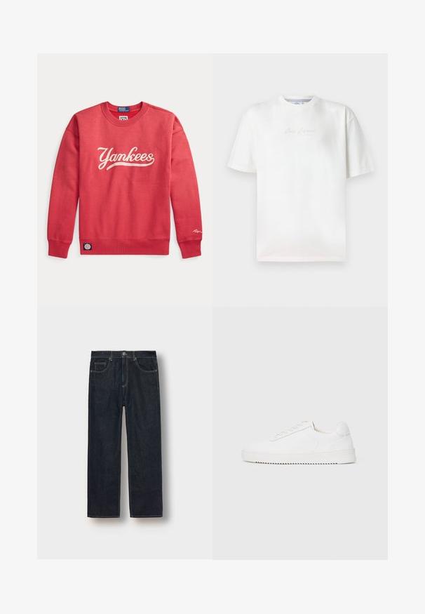 Punainen pyöreäkauluksinen collegepaita, jossa valkoinen "Yankees"-teksti edessä, resorireunukset hihoissa ja helmassa sekä pienet Polo Ralph Laurenin logopaikat.; Valkoinen lyhythihainen pyöreäkauluksinen t-paita, jossa hillitty kaunokirjoitusteksti keskellä rintaa yksiväristä taustaa vasten.; Tummansiniset suorat farkut denim-kankaasta, joissa on vyölenkit, etutaskut ja erottuva ompelu. Minimalistinen muotoilu ilman koristeluja.; Valkoiset tennarit, joissa on sileä nahkapäällinen, pyöreä varvas, nauhat, teksturoidut sivuakkentit ja paksu kumipohja. Minimalistinen muotoilu.