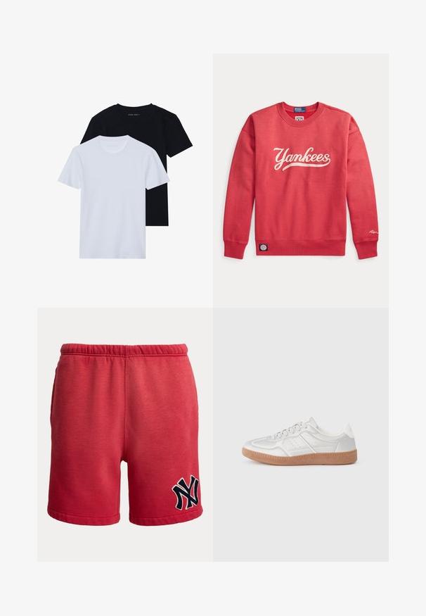 Sweat-shirt rouge à col rond avec inscription blanche "Yankees" sur le devant, poignets et bas côtelés, et petites étiquettes logo Polo Ralph Lauren.; Deux t-shirts à manches courtes et col rond, un noir et un blanc, fabriqués en coton doux avec une texture côtelée. Design à coupe classique.; Shorts décontractés rouges avec taille élastique et logo stylisé noir et blanc sur la partie inférieure de la jambe gauche.; Baskets argentées avec une texture lisse, un design à lacets, des accents perforés et une semelle en caoutchouc marron texturé.