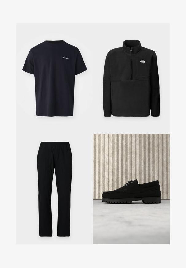 Schwarzer Fleece-Pullover mit hohem Kragen, halber Reißverschluss vorne und einer linken Brusttasche. Mit strukturiertem Stoff und einem Logo auf der Tasche.; Schwarzes Baumwoll-T-Shirt mit kurzen Ärmeln, Rundhalsausschnitt und einem dezenten weißen Logo im linken Brustbereich. Glatte Textur, normale Passform.; Schwarze, lockere Hose mit einem elastischen Bund, zwei Seitentaschen und einer glatten, leichten Stofftextur.; Schwarzer Schnürschuh mit dicker, profilierter Sohle schwebt über beigem Teppich, brauner moderner runder Tisch vor weichem, beleuchtetem Hintergrund.