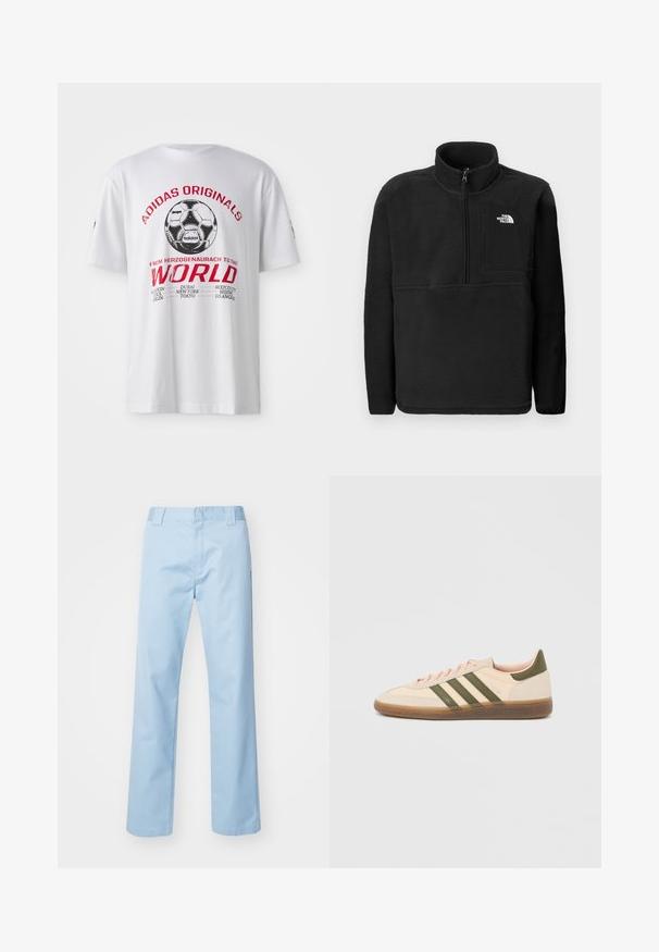 Mustra must tokkiga ja poole tõmblukuga must villane pullover, kõrge kaelusega. Vasakul rinnal on väike tasku. Toode on valmistatud tekstuurilise kangaga ja taskul on logo.; Valge puuvillane T-särk, millel on trükitud must ja punane graafika jalgpallest ja linnade nimedest. Lühikesed varrukad, ümar kaelus.; Ehe helesinine sirge säärega püksid, mis on valmistatud puuvillasegistusest. Omavad tasast esist vöökohta, küljetaskuid ning ei oma nähtavaid mustreid ega kaunistusi.; Madalprofiilne beež Adidas Spezial toss rohelist värvi triipude, kummist tallaga ja "SPEZIAL" brändinguga küljel, nähtav välisküljelt.