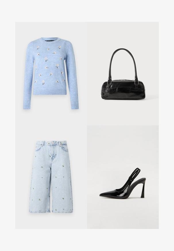 Lyseblå strikket sweater med blomsterbroderi, rund hals, lange ærmer og ribbede manchetter. Blød tekstur og figursyet design.; Lysvasket denimshorts med blomsterbroderi, der inkluderer margueritter og grønne blade. Klassisk fem-lomme design og en frynset kant.; Sorte patenterede lædersædler med spidse tæer, slank høj hæl og dobbelt elastisk rem for sikker pasform. Glat, skinnende overflade.; Sort læderhåndtaske med rektangulær form, der har et enkelt struktureret håndtag, sølvhardware og lynlås-lukning. Glat tekstur.
