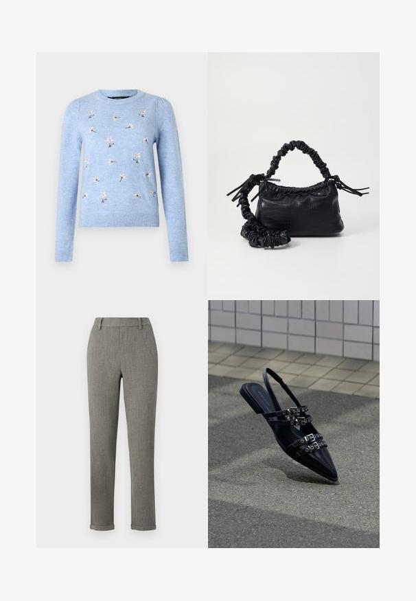 Lyseblå strikket sweater med blomsterbroderi, rund hals, lange ærmer og ribbede manchetter. Blød tekstur og figursyet design.; Grå skræddersyede slim-fit bukser med bæltestropper og opsmøgede kanter, velegnet til formelt eller kontorbrug.; Sort flad sandal med spids tå, flere remme med spænder og slingback, placeret over et belagt underlag og flisevæg som baggrund.; Sort kunstlæder håndtaske med krokodilteksur, indsnøret top og en sammenkrøben rem. Ser blød og kompakt ud i designet.
