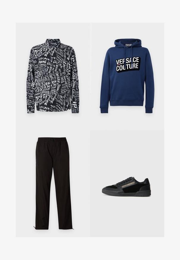 Námornícka modrá mikina s kapucňou, ktorá na prednej strane zobrazuje veľkú čierno-bielu grafiku "VERSACE JEANS COUTURE". Vyrobená z mäkkého materiálu.; Čierna košeľa s dlhým rukávom s bielym textom "Versace Jeans Couture" v rôznych písmach a veľkostiach, so vysokým golierom a uvoľneným strihom.; Čierne ľahké nohavice s elastickým pásom, sťahovacím pásom a zipsami na spodnej časti, ktoré umožňujú prispôsobiť veľkosť. Hladká, lesklá textura.; Čierne tenisky s hladkým koženým povrchom a semišovými akcentami. Majú nízky strih, šnúrky a zlaté logo na boku.