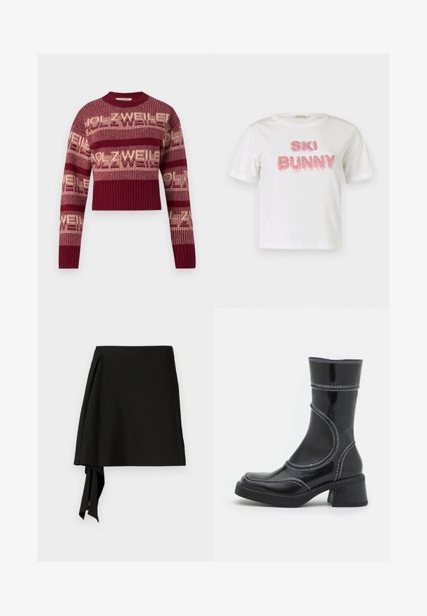 Hæklet sweater i bordeaux med cremefarvet tekst, med ribstrikket kant og manchetter, med cropped design og lange ærmer.; Hvid bomulds-t-shirt med "SKI BUNNY" i hævet pink plys-tekst. Kortærmet og med rund hals.; Sort nederdel med et strømlinet design, der har en bindedetalje i siden, glat tekstur og en draperet silhuet. Fremstillet af letvægtsstof.; Sort patenteret læder ankelstøvle med hvid stikning, rund tå og blokhæl. Har buede designlinjer og en glat tekstur.