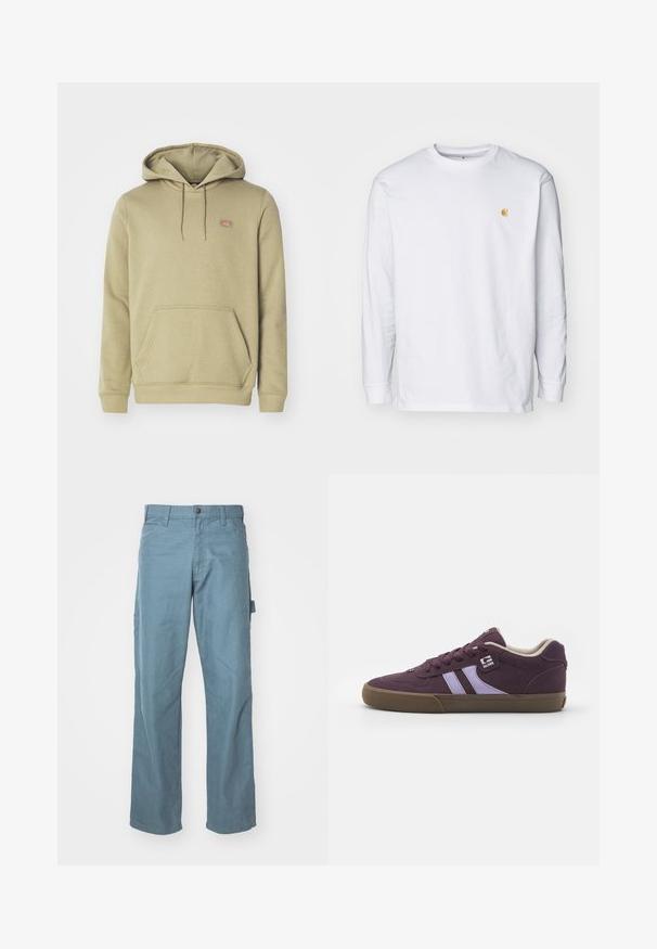Sudadera verde oliva hecha de una suave mezcla de algodón, con un bolsillo canguro, cordón ajustable y un pequeño parche con el logo en el pecho.; Camiseta de manga larga blanca de algodón. Cuenta con un pequeño logo dorado en el pecho y un cuello redondo. Diseño simple y corte estándar.; Pantalones cargo de algodón en azul claro con un diseño de pierna recta, dos bolsillos laterales y un lazo en la cintura para mayor utilidad.; Globe ENCORE 2 - Zapatillas skate - plum