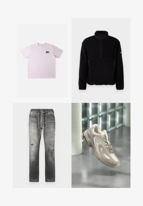 Schwarzer Fleece-Pullover mit hohem Kragen, halbseitigem Reißverschluss und glatten schwarzen Akzenten. Hat eine strukturierte Oberfläche und ein Logo-Patch am Ärmel.; Rosa Baumwoll-T-Shirt mit kurzen Ärmeln, das ein kleines mehrfarbiges Logo auf der linken Brustpartie zeigt. Einfaches, legeres Design.; Graue Jeans aus Denim mit lockerem Schnitt, ausgewaschenen Bereichen, abgenutzten Details und einem Kordelzugbund für verstellbaren Tragekomfort.; Hellbeiger Sneaker mit einem eleganten Design, strukturierten Überzügen, einer gepolsterten Sohle und einem durchsichtigen Abschnitt an der Seite.