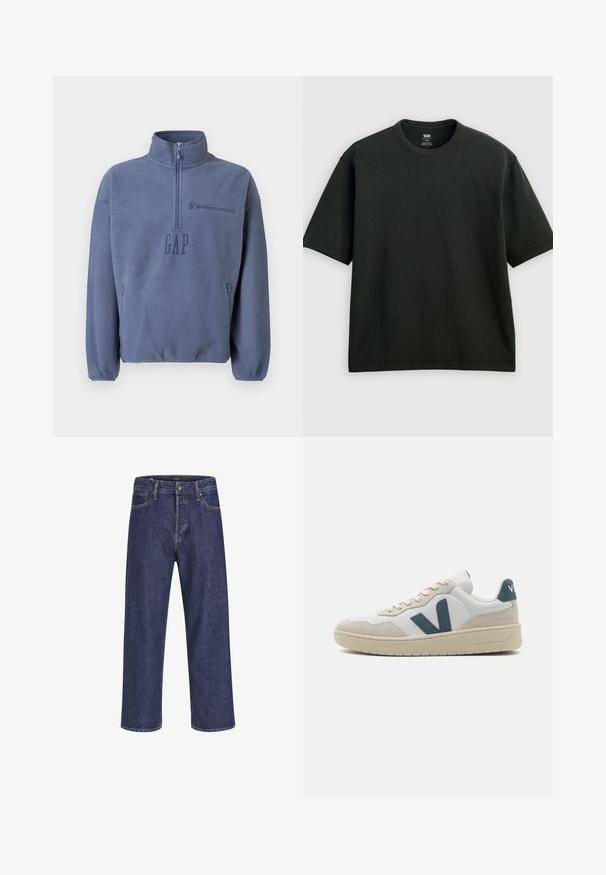Lyseblå fleecepullover med høj krave, halv lynlås og en brystlomme. Har broderet "GAP"-logo og elastiske manchetter.; Sort T-shirt med korte ærmer og rund hals, løstsiddende pasform, vist fladt på en lys grå baggrund.; Mørkeblå denimjeans med lige snit, fem-lomme design, metalknaplukning og kontrasterende syninger, der har en subtil tekstur.; Hvide lædersneakers med grå ruskindsdetaljer, som har et fremtrædende blåt "V" logo, rund tå og en tekstureret gummisål.