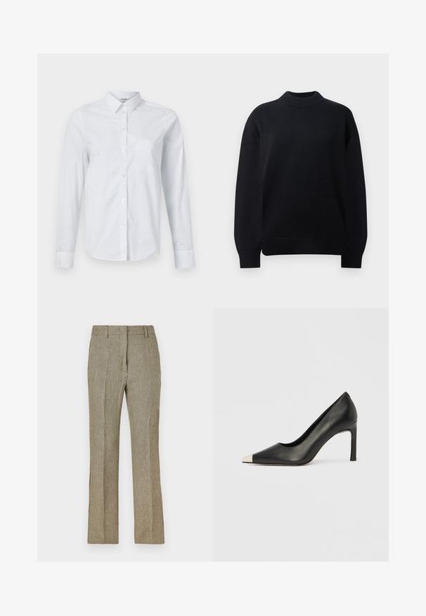 Sort strikket pullover-sweater med ribbet rund hals, droppede skuldre og ribbede manchetter og kant. Enkel, ensfarvet design.; Hvid langærmet skjorte lavet af bomuld, med krave, knaplukning foran og en enkelt brystlomme. Glat tekstur. Ingen mønstre.; Beige og sort ternede skræddersyede bukser med lige ben, der har bælteløkker og sidelommer, fremstillet af et glat stof.; Sort læder højhælet sko med spids tå og metal-sølv hætte. Har en glat finish og en slank hæl på 10 cm.
