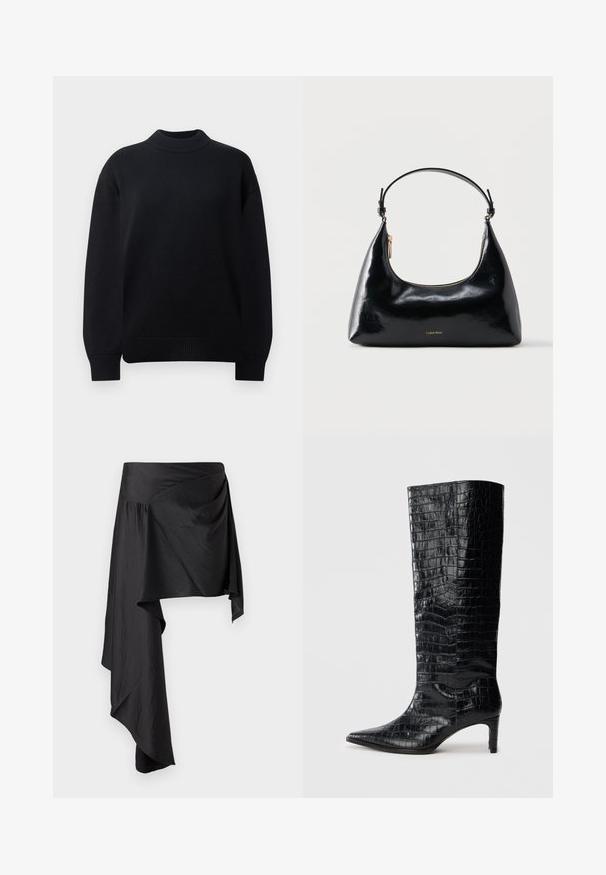 Sort strikket pullover-sweater med ribbet rund hals, droppede skuldre og ribbede manchetter og kant. Enkel, ensfarvet design.; Sort omslagskørt lavet af glat, letvægtsstof. Har en asymmetrisk kant og sammensat detaljering i taljen for en flydende silhuet.; Sorte knæhøje støvler med en blank, krokodillemønstret tekstur, spids tå og en affaset hæl. Glat syntetisk materiale.; Sort blank Calvin Klein håndtaske med gyldent lynlås og kort rem mod en ensfarvet hvid baggrund.
