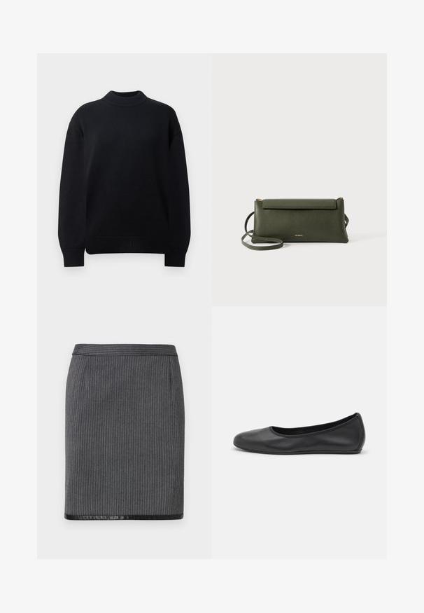 Suéter de punto negro con cuello redondo acanalado, hombros caídos y puños y dobladillo acanalados. Diseño sencillo de color sólido.; Falda lápiz de rayas grises con un dobladillo negro liso. Presenta un diseño ajustado y una cinturilla estándar. La textura es tejida y sofisticada.; Bailarina de piel negra con punta redondeada, textura suave, detalle de costura minimalista y diseño de suela flexible.; Bolso cruzado de cuero texturizado en verde oscuro con cierre de solapa y correa delgada ajustable, grabado con el pequeño logo dorado "Bee Projects".