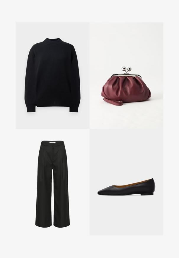 Pull-over en tricot noir avec un col rond côtelé, des épaules tombantes et des poignets et un ourlet côtelés. Design simple et de couleur unie.; Pantalon noir à jambes larges avec une coupe ajustée, doté d'une taille haute, de plis à l'avant et d'une texture de tissu lisse. Convient pour une tenue formelle.; Chaussure plate en cuir noir à bout pointu avec talon bas et finition lisse, vue de côté sur un fond gris clair.; Petit sac pochette en cuir bordeaux avec fermoir métallique argenté et bracelet sur fond blanc.