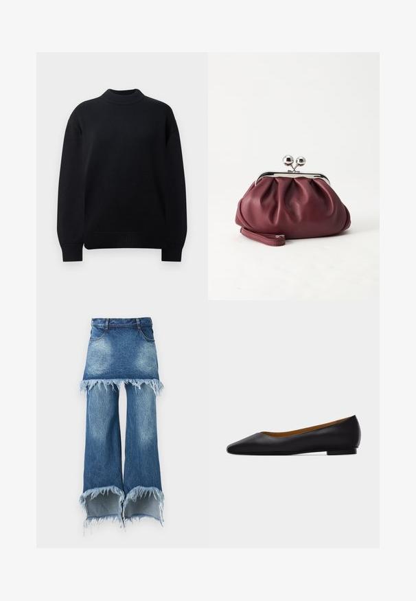 Sort strikket pullover-sweater med ribbet rund hals, droppede skuldre og ribbede manchetter og kant. Enkel, ensfarvet design.; Denimskørt-bukse hybrid, lyseblå til mørkeblå, rå kant med frynser, fem lommer, standard talje, bred ben silhuet.; Sort læder flad sko med spids tå, lav hæl og glat finish, vist fra siden på en lysegrå baggrund.; Lille bordeauxlæder clutch-pung med sølv metal lukning og håndledsrem på hvid baggrund.