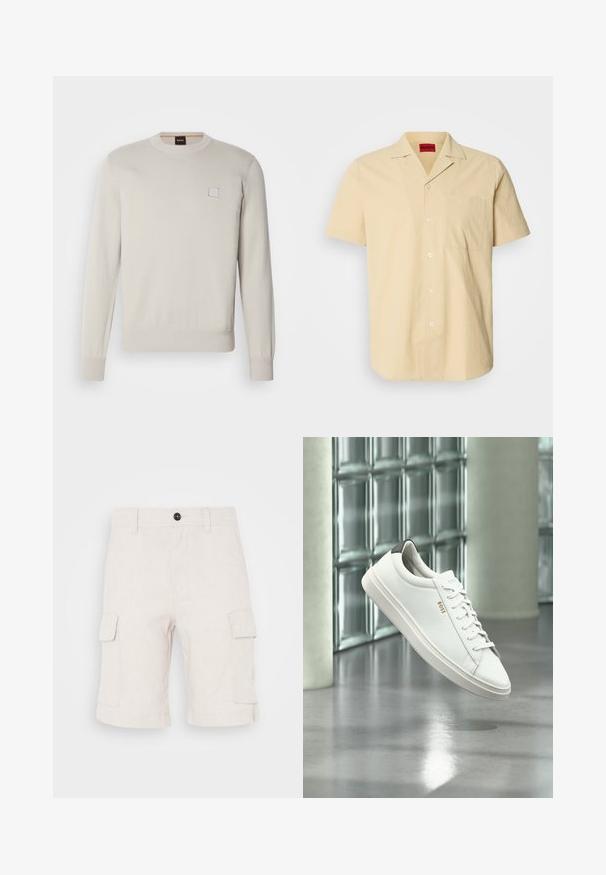 Suéter de punto de color beige claro con mangas largas, escote redondo, dobladillo y puños acanalados, que presenta un pequeño logo rectangular en el pecho.; Camisa de manga corta, de color amarillo claro y fabricada con un tejido texturizado. Cuenta con un cuello tipo punto y un bolsillo en el pecho, con botones blancos.; Pantalones cortos cargo beige hechos de tela ligera, con dos bolsillos laterales y un dobladillo doblado. Cierre de botón en la cintura.; Zapatilla deportiva de piel blanca de corte bajo con cordones, lengüeta negra en el talón y logo "BOSS", flotando en interiores cerca de una pared de bloques de vidrio y suelo pulido.