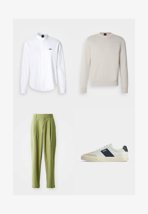 Lys beige striktrøje med lange ærmer, rund halsudskæring, ribbede kanter og manchetter, med et lille rektangulært logo på brystet.; Hvid skjorte med knapper lavet af bomuld, med en klassisk krave og et diskret broderet logo på venstre bryst. Glat tekstur.; Lys grønne bukser lavet af et struktureret stof, med en lige form, folder foran og en standard talje.; Hvid lav sneakers med beige tå, navy blå sidestribe med mærket BOSS, hvide snørebånd og gummisål på neutral baggrund.