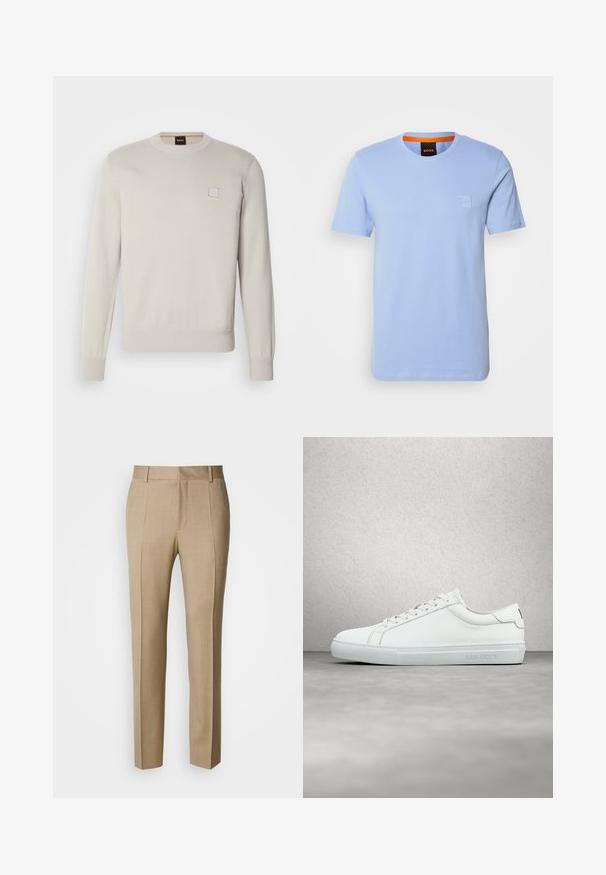 Lys beige striktrøje med lange ærmer, rund halsudskæring, ribbede kanter og manchetter, med et lille rektangulært logo på brystet.; Lys blå bomulds T-shirt med korte ærmer, rund halsudskæring og et lille præget logo-patch på brystet. Kontrastfarvet orange inderside af kraven.; Beige skræddersyede bukser i tekstureret stof med flad front og lige ben. Har sidelommer og bæltestropper, der giver et poleret udtryk.; Hvide lædersneakers med en glat finish, rund tå, flade snørebånd og et minimalistisk design. Lys grå gummisål med branding på siden.