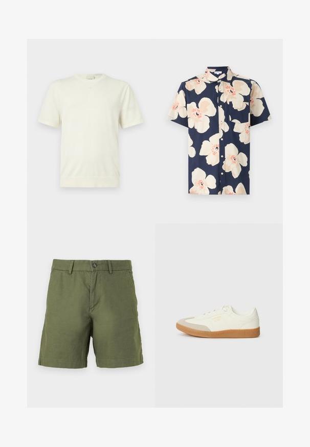 T-shirt blanc uni à manches courtes avec col rond, ourlet et poignets côtelés, présenté sur un fond gris clair neutre.; Chemise homme à manches courtes avec boutons, fond bleu marine et grand motif floral beige et pêche, avec une poche poitrine côté gauche.; Shorts verts en coton longueur genou avec passants pour ceinture, bouton sur le devant et poches latérales sur fond uni.; Baskets en cuir blanc avec une coque beige et une semelle en caoutchouc marron clair. Dotées de lacets blancs plats et d'un logo embossé sur le côté.