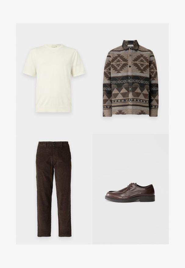Schlichtes weißes Kurzarm-T-Shirt mit Rundhalsausschnitt, Rippbund und Bündchen, präsentiert vor einem neutralen hellgrauen Hintergrund.; Braunes Wollhemd mit Knopfleiste und geometrischen Mustern in Dunkelbraun, Grau und Schwarz. Mit Kragen und Knöpfen vorne.; Braune Cordhosen mit geradem Schnitt, ausgestattet mit einem Frontknopfverschluss und standardmäßigen Gürtelschlaufen. Glatte Textur und klassischer Schnitt.; Braune Lederdressschuhe mit einer abgerundeten Spitze, minimalen Nähakzenten und einer robusten schwarzen Sohle. Verfügt über eine Schnürung und eine glatte Textur.