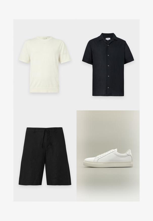 T-shirt blanc uni à manches courtes avec col rond, ourlet et poignets côtelés, présenté sur un fond gris clair neutre.; Chemise noire à manches courtes avec col, cinq boutons visibles et ourlet droit, présentée sur un fond blanc.; Shorts en lin noir avec une coupe décontractée, taille à cordon de serrage et sans motifs visibles. Le tissu semble léger avec une finition légèrement texturée.; Baskets blanches basses à lacets sur l’avant et semelle épaisse, vues de côté sur un fond neutre.